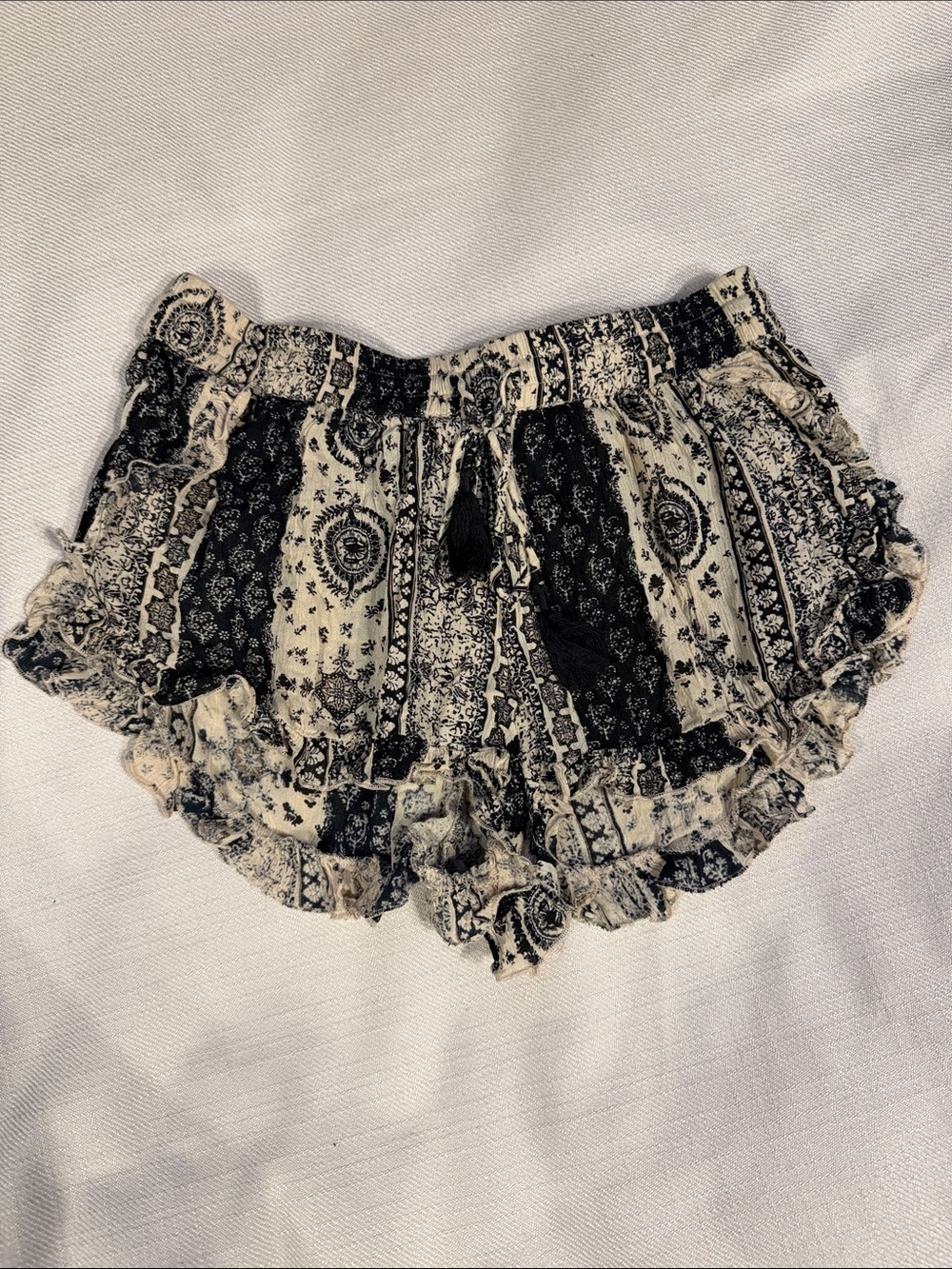 Altar'd State Black & Cream Boho Ruffle Waist Shorts